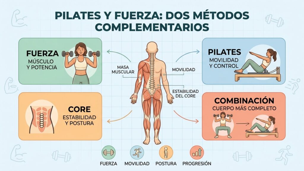 La combinación une fuerza muscular, control corporal, movilidad y progresión para mejores resultados.