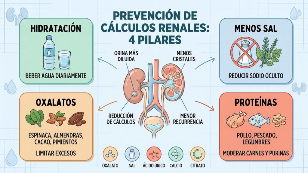 Hidratación, menos sal y ajustes dietéticos ayudan a prevenir cálculos renales.