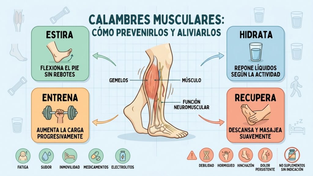 Un estiramiento suave puede ayudar a relajar un calambre nocturno en la pantorrilla.