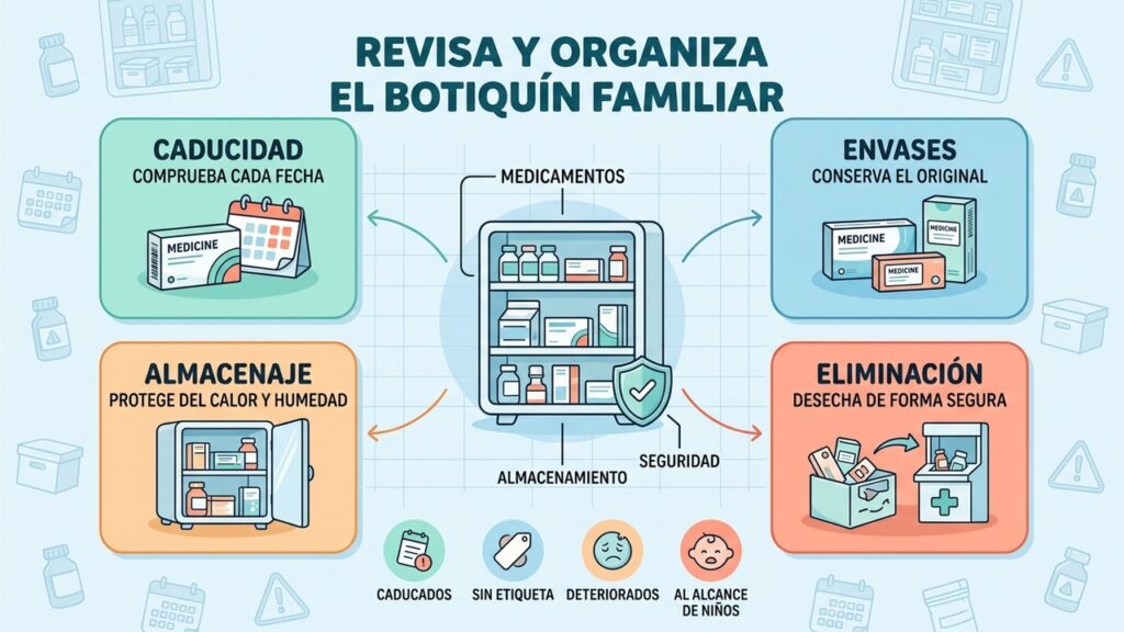 Revisar el botiquín familiar ayuda a evitar medicamentos caducados, deteriorados o mal almacenados.