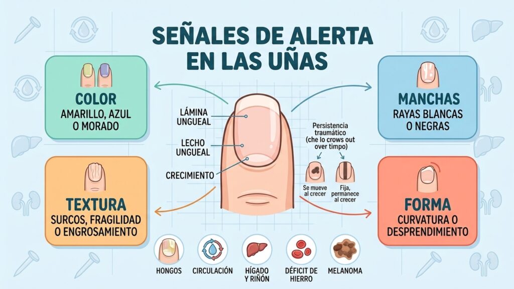 El color y la textura de las uñas pueden revelar alteraciones internas antes de otros síntomas.