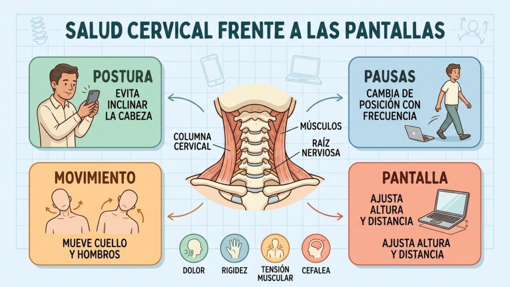 Cambiar de postura y mover cuello y hombros puede reducir la sobrecarga durante las pantallas.