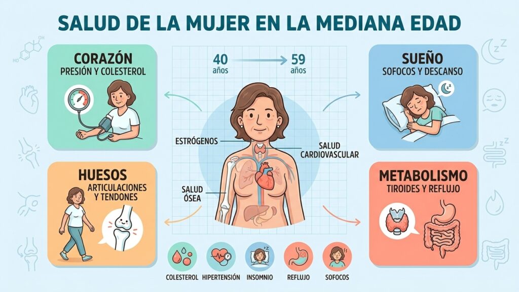 La mediana edad puede traer cambios en sueño, metabolismo, corazón y salud articular.