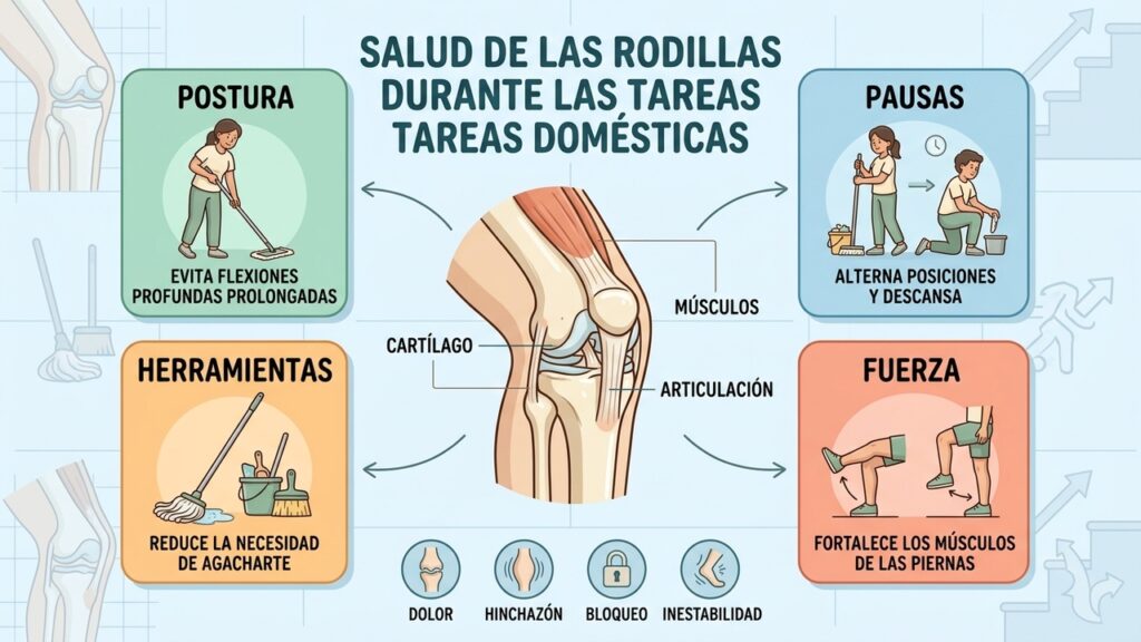 Alternar posturas y usar herramientas adecuadas puede reducir la carga sobre las rodillas