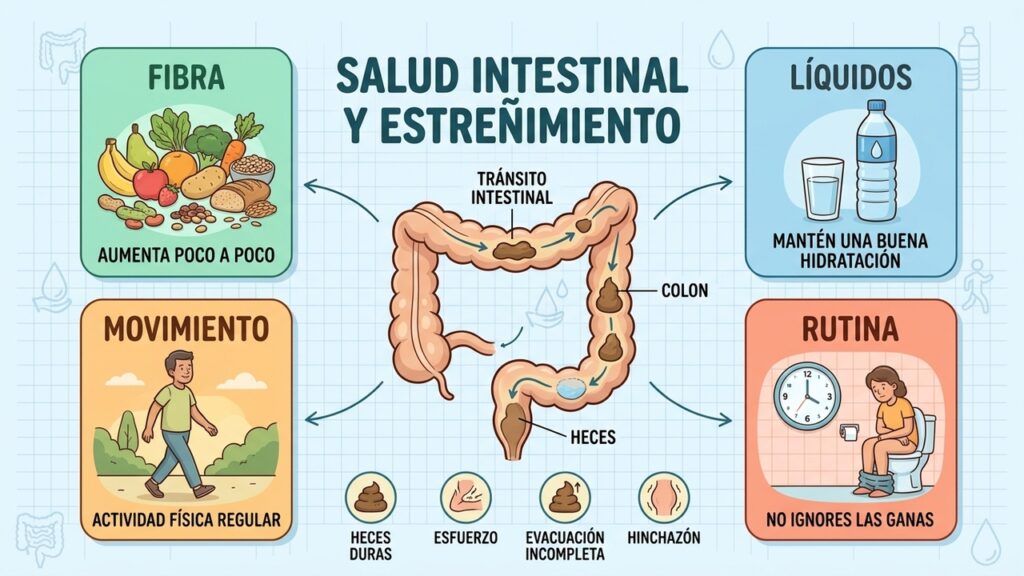Una rutina con fibra, líquidos y movimiento puede favorecer un tránsito intestinal más regular.
