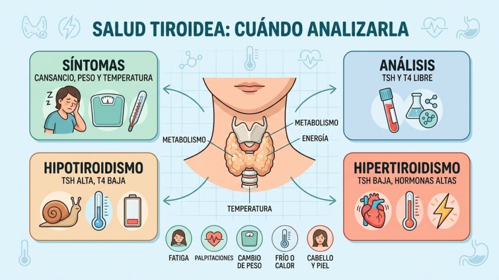 Síntomas, TSH, T4 libre y patrones hormonales orientan la evaluación de la tiroides.