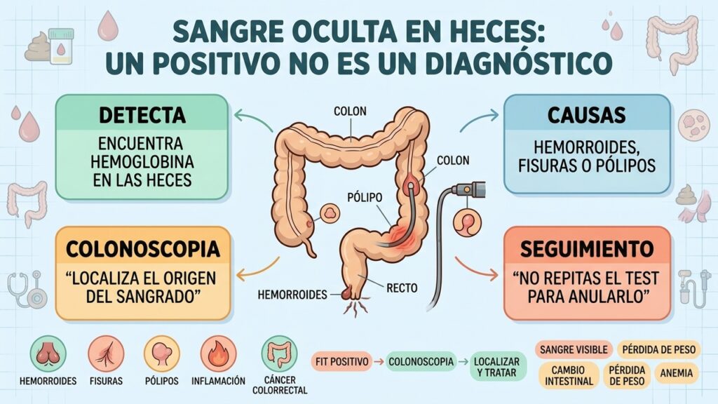Un positivo en sangre oculta requiere estudiar su origen, pero no significa automáticamente cáncer colorrectal.