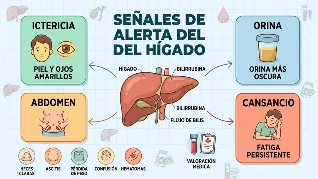 Ictericia, orina oscura, abdomen hinchado y cansancio requieren valorar el conjunto de síntomas.