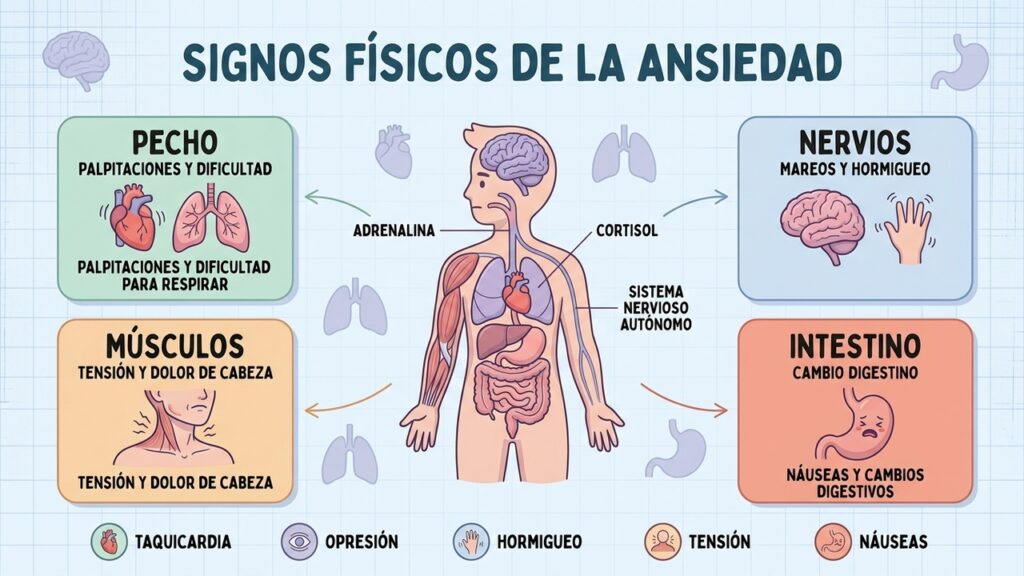 Cuatro sistemas corporales revelan cómo la ansiedad activa una respuesta física real.