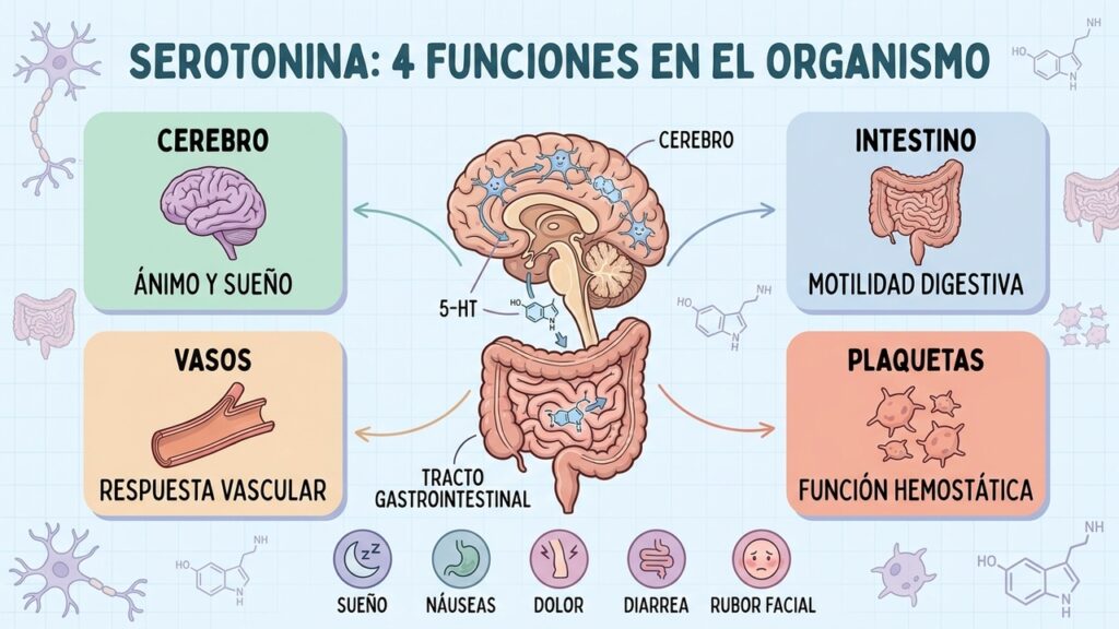 Cerebro, intestino, vasos y plaquetas muestran las múltiples funciones de la serotonina.