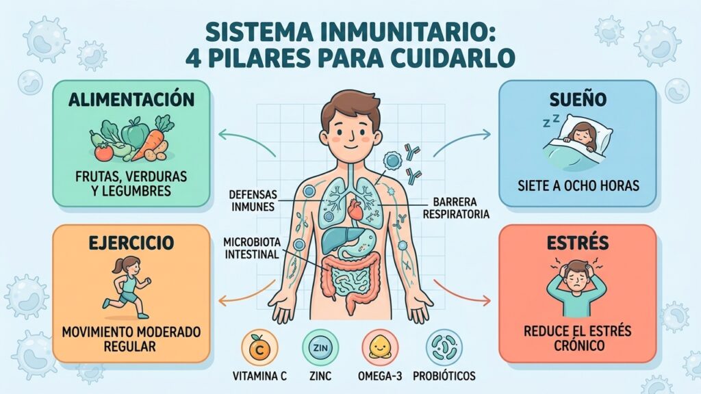 Una alimentación variada aporta nutrientes esenciales para mantener una respuesta inmunitaria saludable.