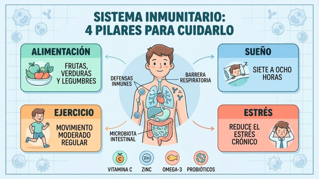 Una alimentación variada aporta nutrientes esenciales para mantener una respuesta inmunitaria saludable.