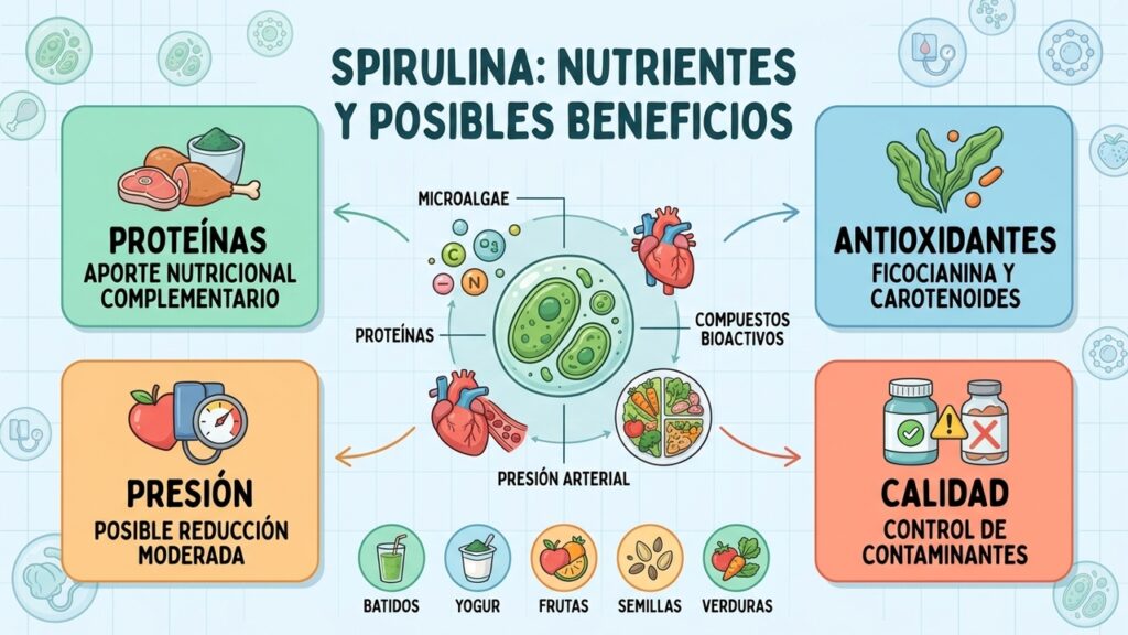 La spirulina aporta proteínas y compuestos bioactivos, pero no sustituye una dieta equilibrada.