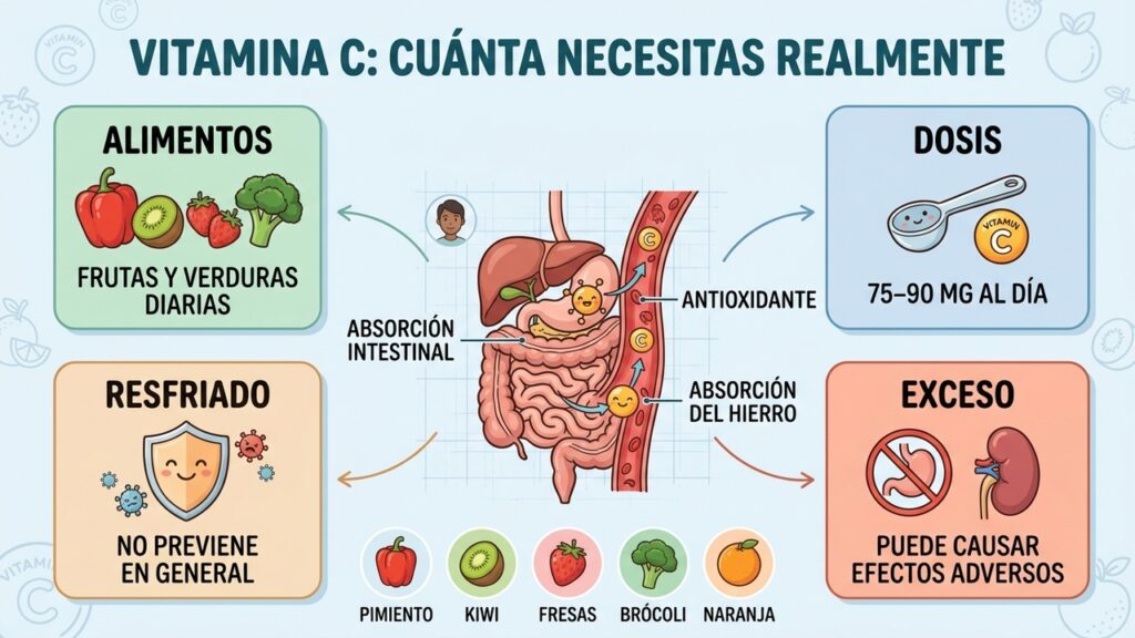a vitamina C de frutas y verduras cubre las necesidades diarias sin megadosis.