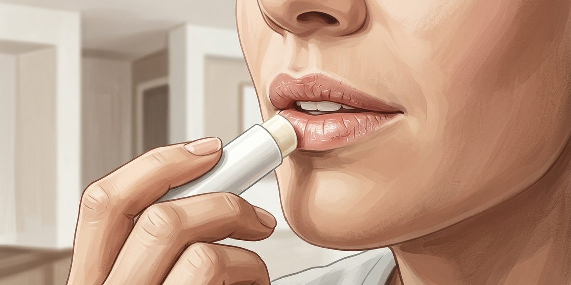 Primer plano de una mujer aplicándose bálsamo labial en los labios visiblemente secos y agrietados.