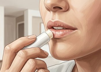 Primer plano de una mujer aplicándose bálsamo labial en los labios visiblemente secos y agrietados.