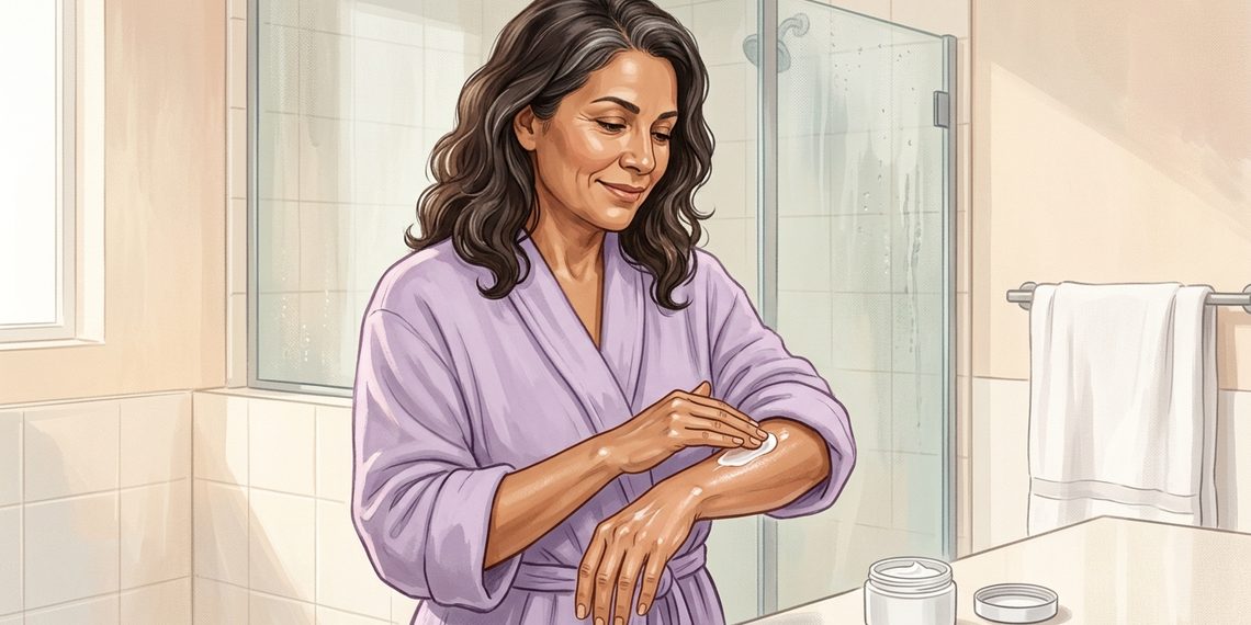 Mujer aplicándose crema hidratante en el antebrazo después de la ducha, frente al lavabo de un baño luminoso.