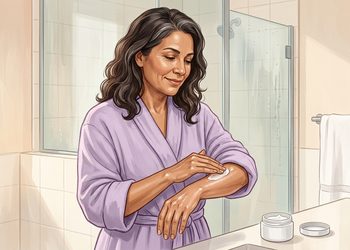 Mujer aplicándose crema hidratante en el antebrazo después de la ducha, frente al lavabo de un baño luminoso.