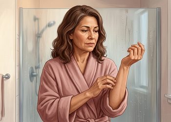 Mujer con bata rosa observa y toca la piel seca de su antebrazo en un cuarto de baño, delante de la mampara de la ducha.