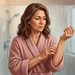 Mujer con bata rosa observa y toca la piel seca de su antebrazo en un cuarto de baño, delante de la mampara de la ducha.