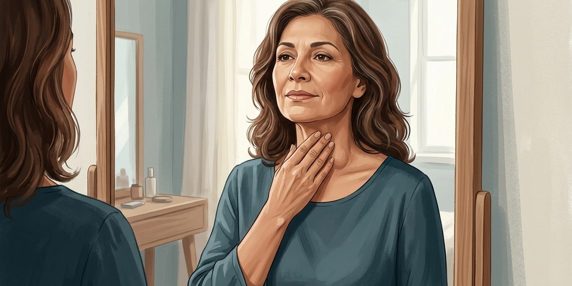 Mujer adulta de cabello castaño ondulado se observa frente al espejo mientras se toca suavemente la parte anterior del cuello con una mano.