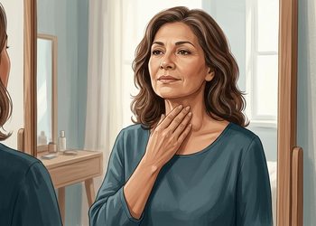 Mujer adulta de cabello castaño ondulado se observa frente al espejo mientras se toca suavemente la parte anterior del cuello con una mano.