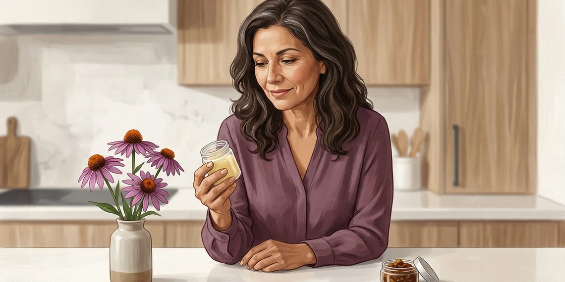 Mujer adulta de cabello castaño observa un pequeño frasco con sustancia amarillenta en una cocina, junto a un jarrón con flores de equinácea y un recipiente con gránulos marrones.