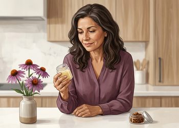Mujer adulta de cabello castaño observa un pequeño frasco con sustancia amarillenta en una cocina, junto a un jarrón con flores de equinácea y un recipiente con gránulos marrones.