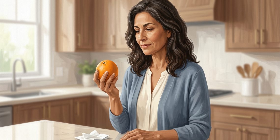 Mujer adulta de cabello castaño oscuro sostiene una naranja y la observa mientras está sentada en una cocina luminosa, con un pañuelo de papel sobre la mesa.