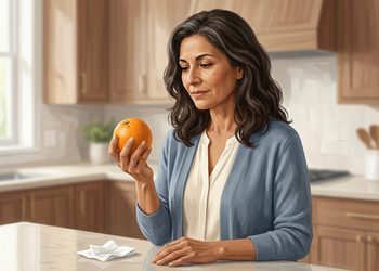 Mujer adulta de cabello castaño oscuro sostiene una naranja y la observa mientras está sentada en una cocina luminosa, con un pañuelo de papel sobre la mesa.