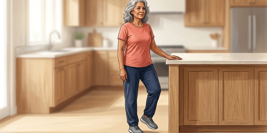 Mujer mayor de cabello gris realiza un ejercicio de equilibrio en la cocina, apoyando una mano sobre la encimera mientras mantiene una pierna ligeramente elevada.