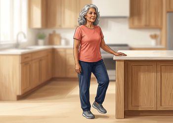 Mujer mayor de cabello gris realiza un ejercicio de equilibrio en la cocina, apoyando una mano sobre la encimera mientras mantiene una pierna ligeramente elevada.