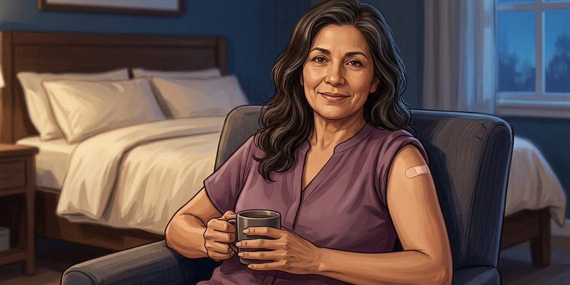 Mujer adulta sentada en un sillón sostiene una taza mientras descansa en un dormitorio, con un pequeño apósito adhesivo visible en la parte superior del brazo.