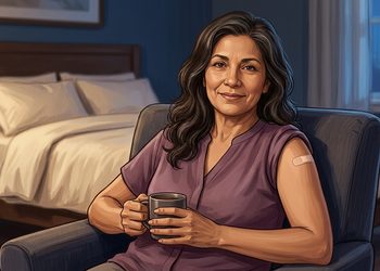 Mujer adulta sentada en un sillón sostiene una taza mientras descansa en un dormitorio, con un pequeño apósito adhesivo visible en la parte superior del brazo.