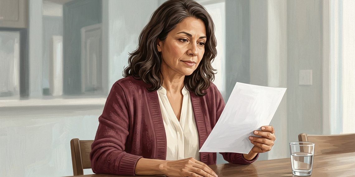 Mujer adulta de cabello castaño observa una hoja de papel mientras está sentada a una mesa de madera, con un vaso de agua a su lado, en una habitación luminosa.