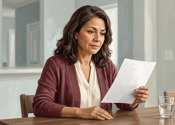 Mujer adulta de cabello castaño observa una hoja de papel mientras está sentada a una mesa de madera, con un vaso de agua a su lado, en una habitación luminosa.