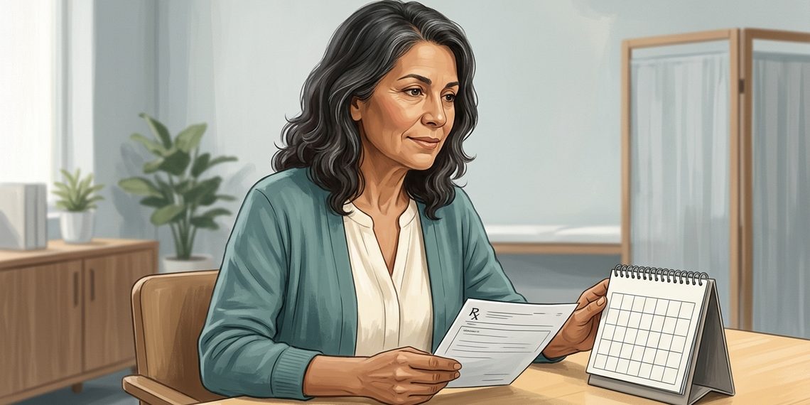 Mujer adulta de cabello oscuro con canas revisa un documento médico mientras sostiene un calendario de sobremesa sobre una mesa en una consulta luminosa.