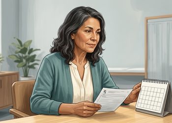 Mujer adulta de cabello oscuro con canas revisa un documento médico mientras sostiene un calendario de sobremesa sobre una mesa en una consulta luminosa.