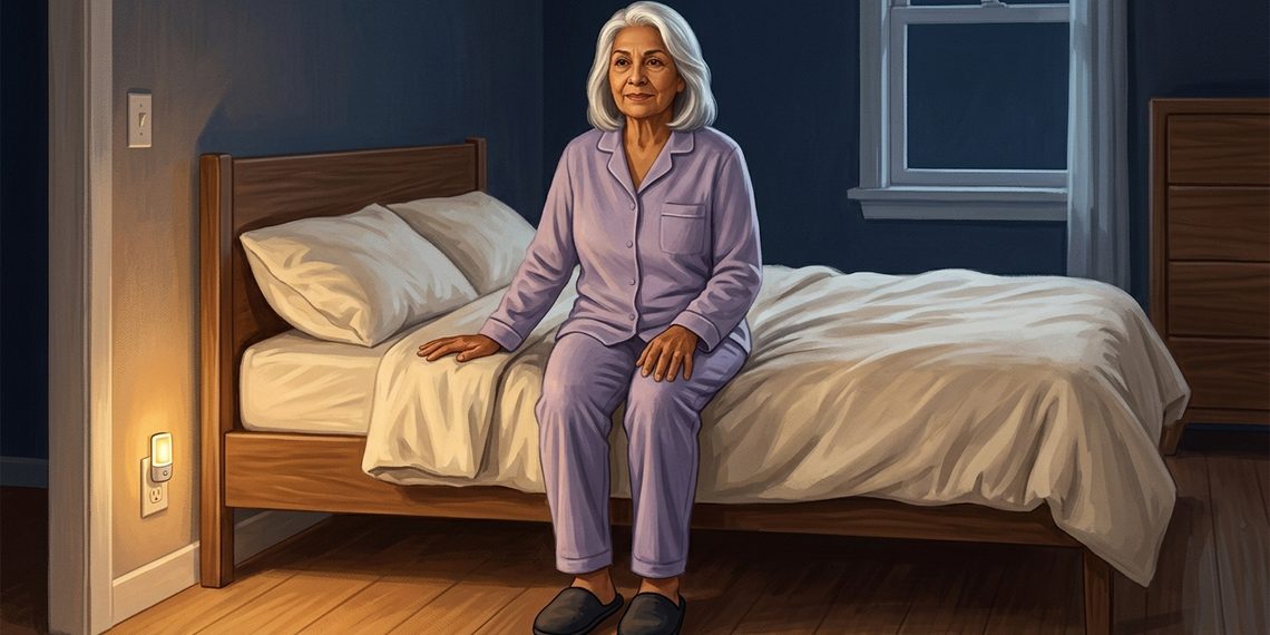 Mujer mayor sentada en el borde de la cama durante la noche, con pijama lila y un pequeño punto de luz encendido junto a la puerta del dormitorio.