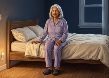 Mujer mayor sentada en el borde de la cama durante la noche, con pijama lila y un pequeño punto de luz encendido junto a la puerta del dormitorio.