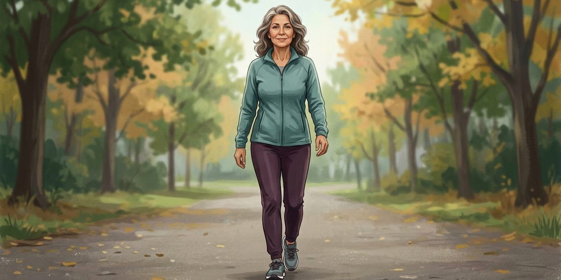 Mujer mayor de cabello gris camina por un sendero arbolado de un parque, vestida con ropa deportiva y zapatillas, en un entorno natural con hojas otoñales.