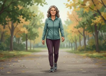 Mujer mayor de cabello gris camina por un sendero arbolado de un parque, vestida con ropa deportiva y zapatillas, en un entorno natural con hojas otoñales.