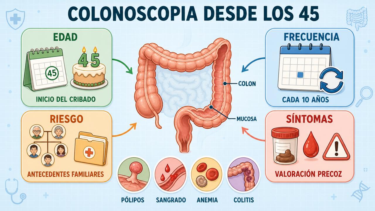 Edad, frecuencia, riesgo y síntomas orientan cuándo hacer y repetir colonoscopia.
