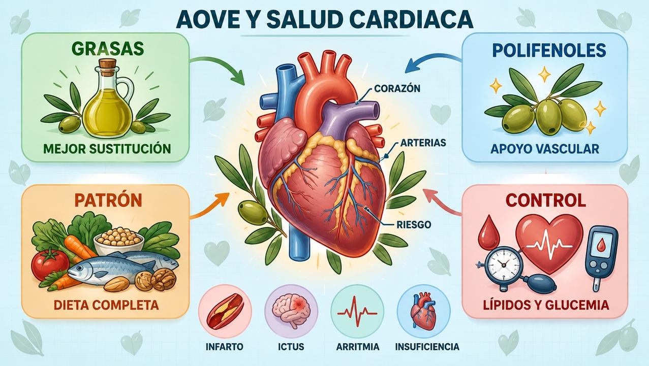 Grasas, polifenoles, patrón dietético y control metabólico sostienen el beneficio cardiovascular.