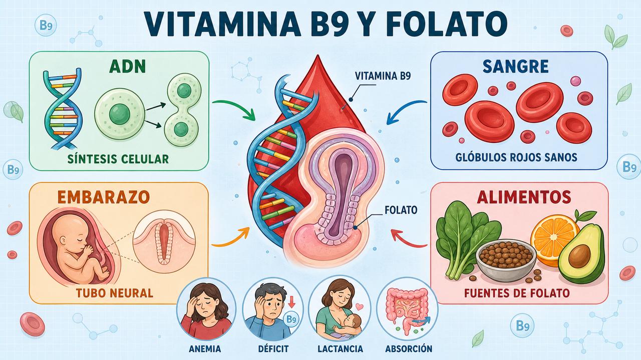 Síntesis celular, glóbulos rojos, embarazo y alimentos ricos en folato.