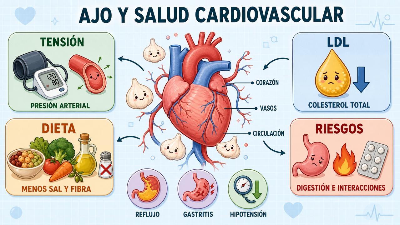 Tensión, LDL, dieta y riesgos resumen lo estudiado sobre el ajo.