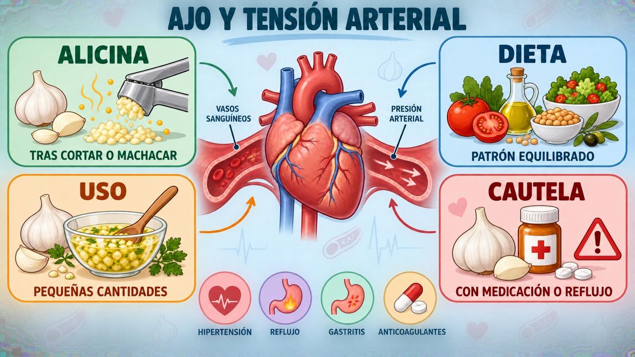 Alicina, dieta, uso moderado y cautela resumen las claves sobre ajo y tensión.