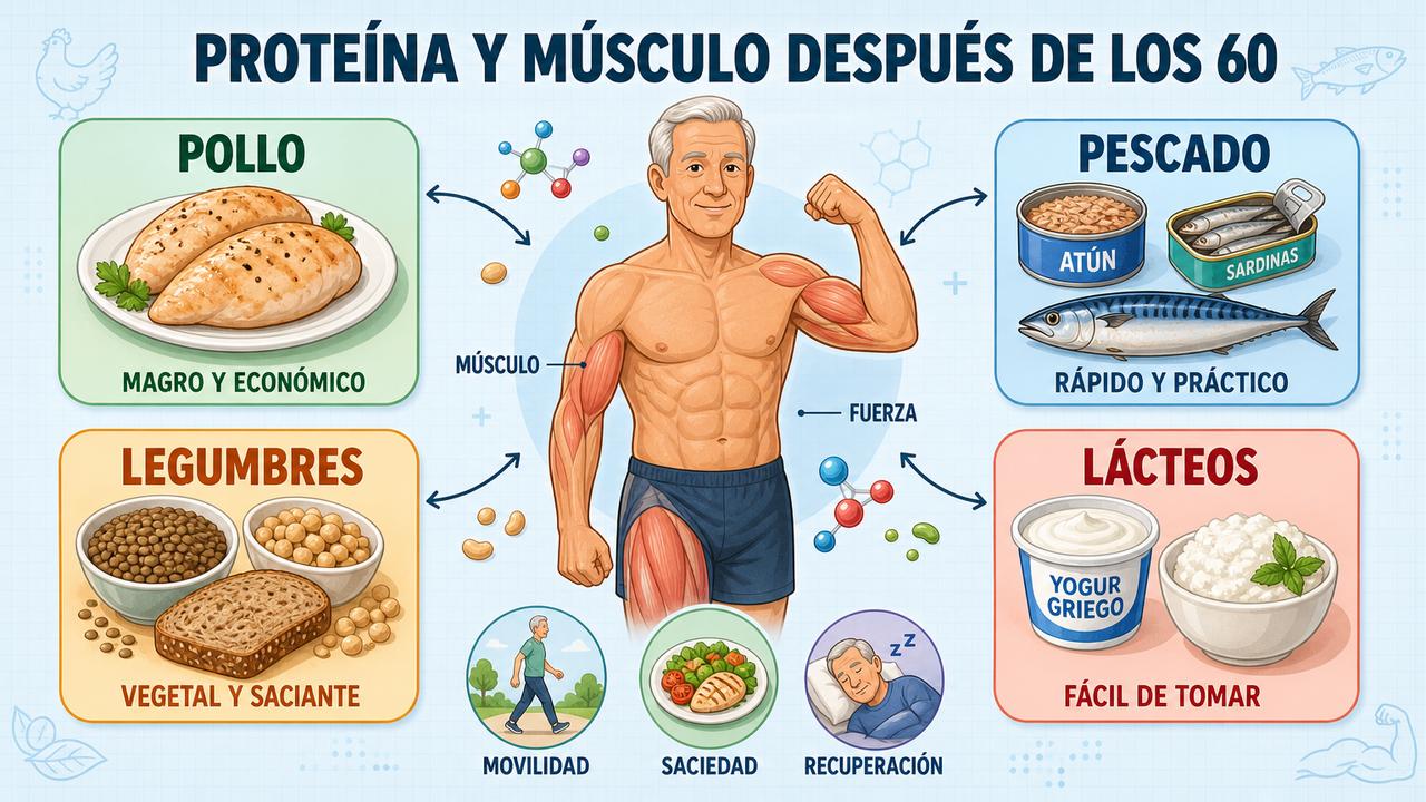 Pollo, pescado, legumbres y lácteos concentran proteína útil para mantener fuerza.