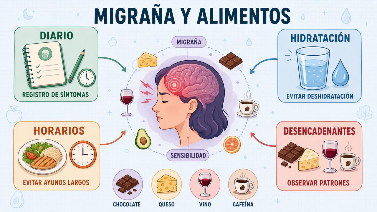 Diario, hidratación, horarios y patrones ayudan a identificar desencadenantes de migraña.
