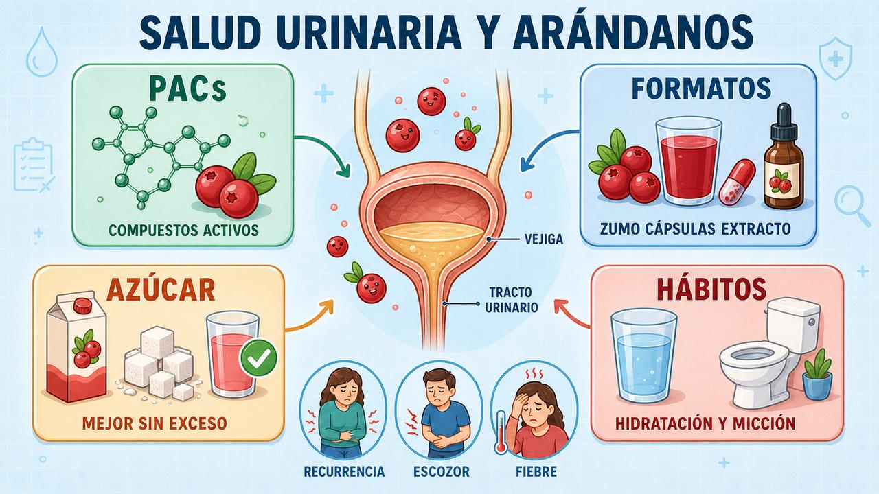 PACs, formatos, azúcar e hidratación resumen las claves del cuidado urinario.